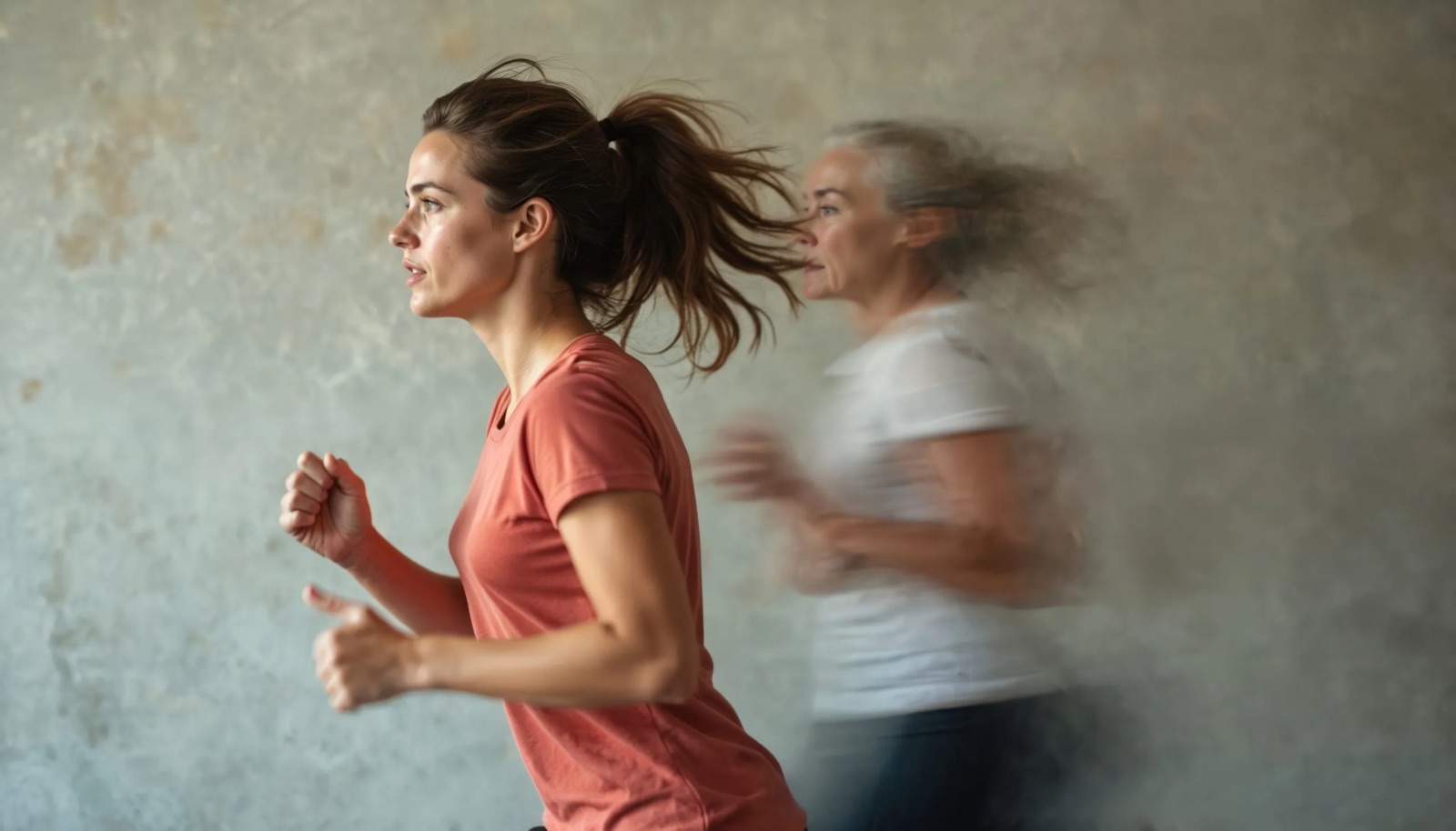 A woman running, an older woman behind her